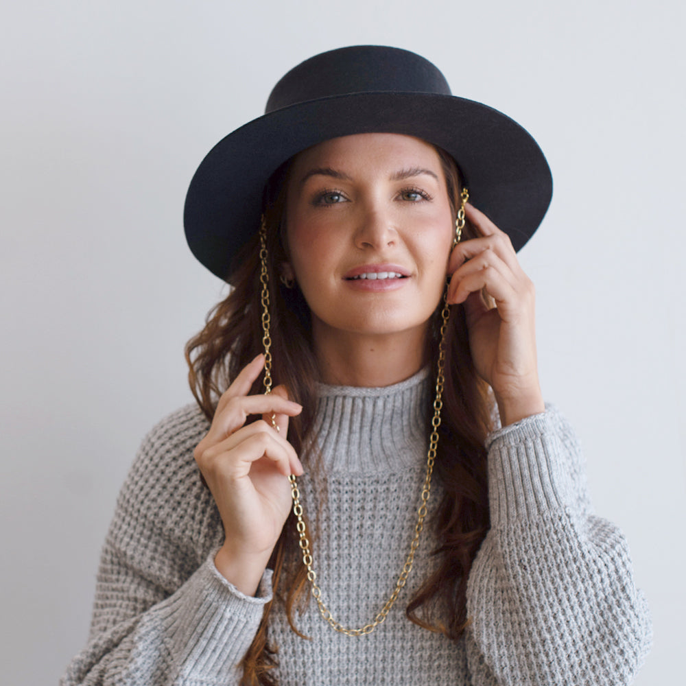 Belfry Gessica grey wool bolero hat with short brim and removable gold chain accent