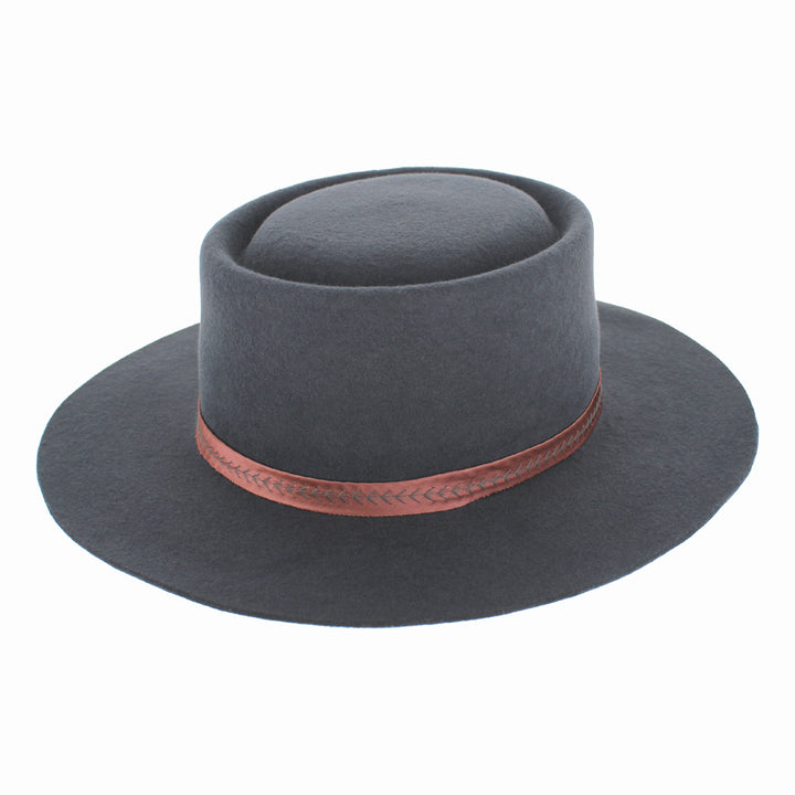 Grey Gessica bolero hat with short brim and sleek, modern wool design