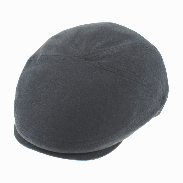 Black flat cap in 100% Italian linen with five panel construction and breathable lightweight design by Belfry Italia