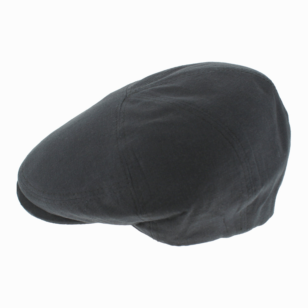 Belfry Gian black linen flat cap with classic five panel structure and refined Italian craftsmanship