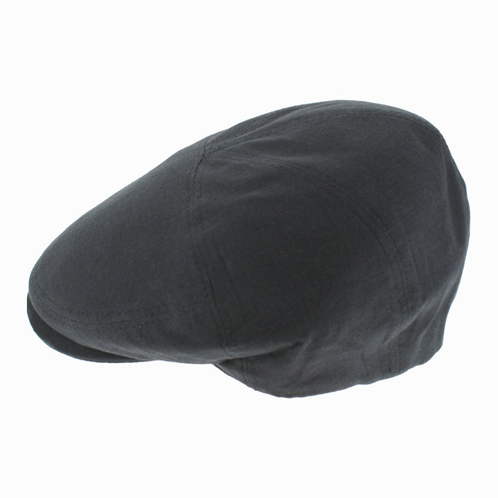 Belfry Gian black linen flat cap with classic five panel structure and refined Italian craftsmanship