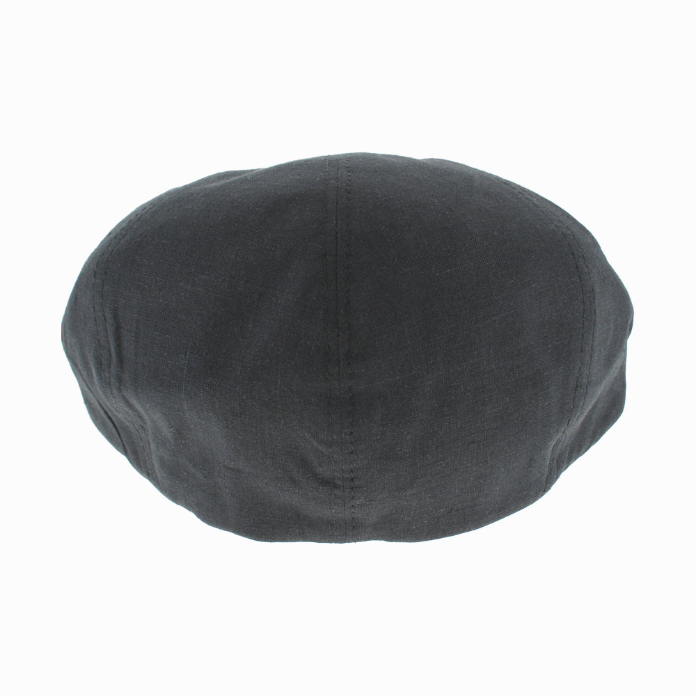 Belfry Gian black linen flat cap with structured five panel design and premium Italian linen fabric