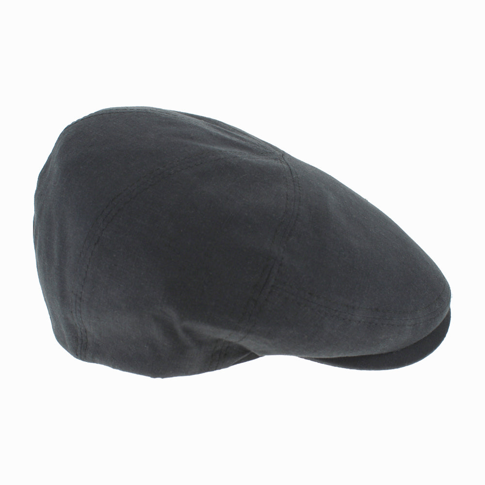Black Italian linen flat cap with classic five panel silhouette and breathable summer comfort