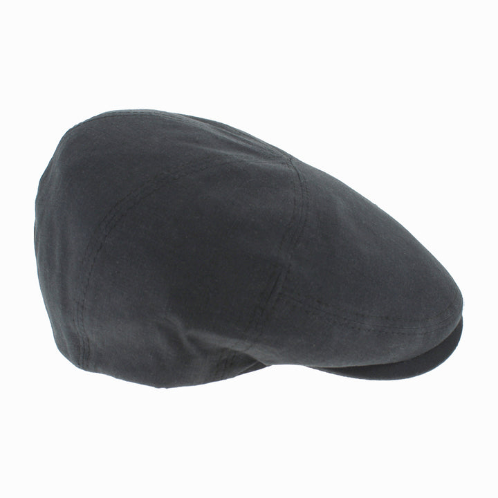 Black Italian linen flat cap with classic five panel silhouette and breathable summer comfort