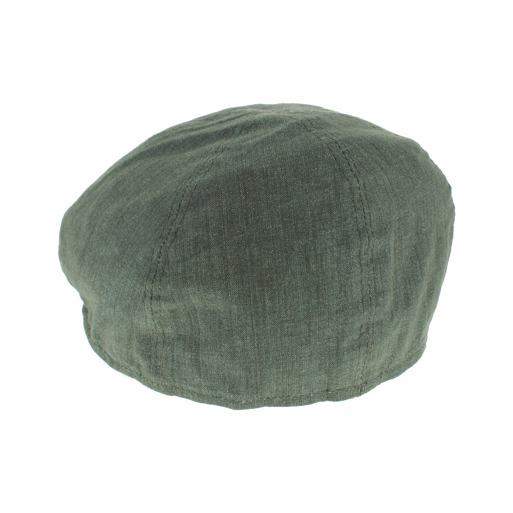 Green linen newsboy cap with buttonless 6-panel design, breathable lightweight modern wear