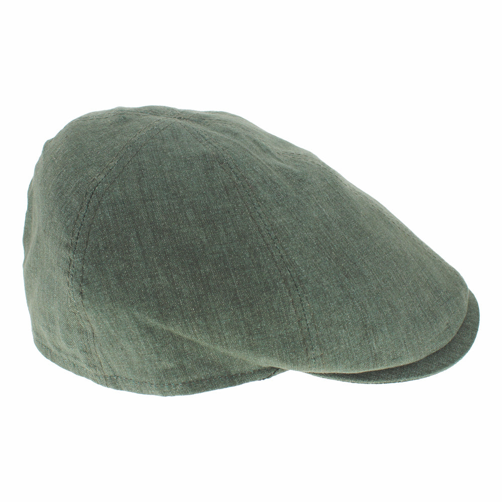 Green linen 6-panel newsboy cap with sleek buttonless design, breathable casual headwear