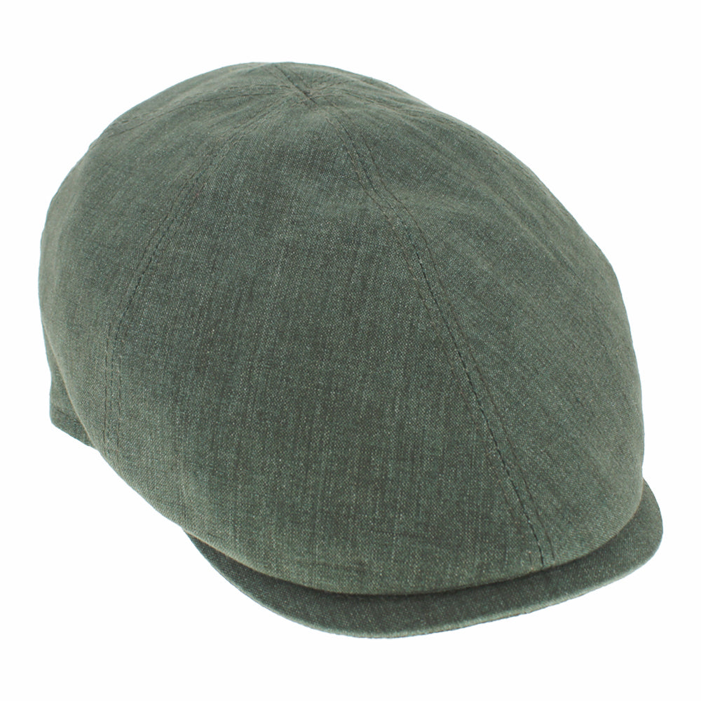 Green lightweight linen newsboy cap with slim silhouette and modern 6-panel structure