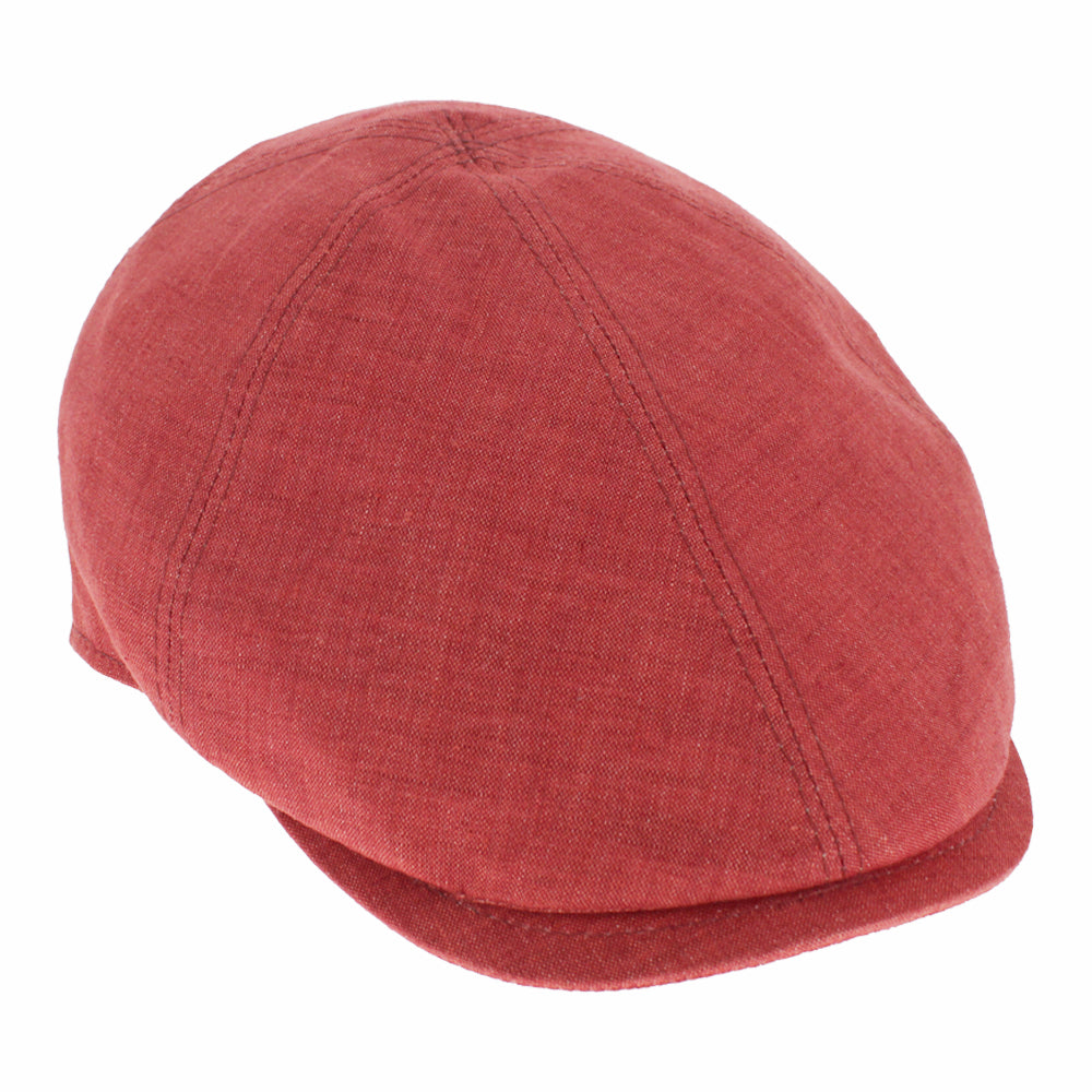 Red lightweight linen newsboy cap with slim silhouette and modern 6-panel structure