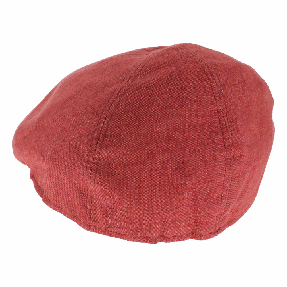 Red linen newsboy cap with buttonless 6-panel design, breathable lightweight modern wear