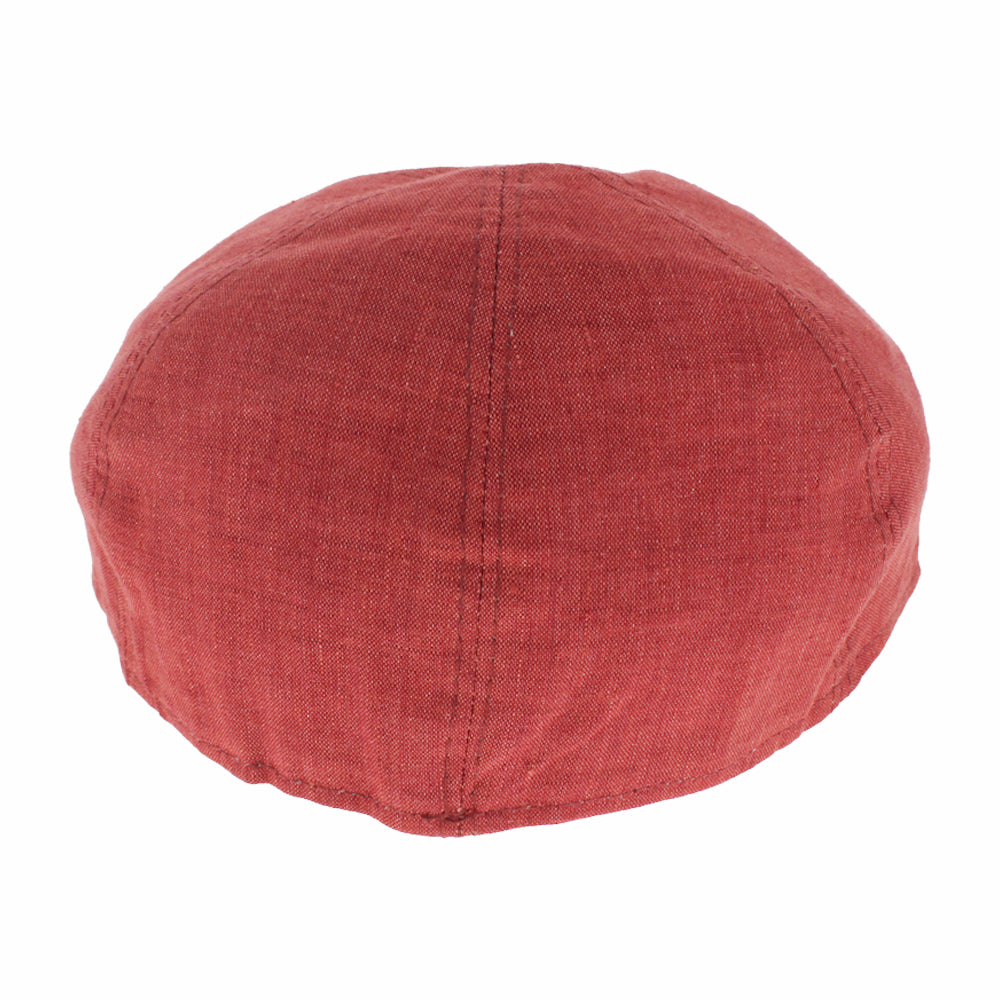 Red slim linen newsboy cap with panel construction, lightweight sophisticated style