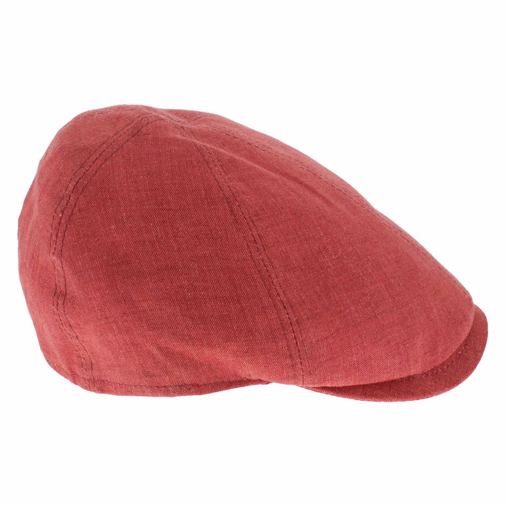 Red linen newsboy cap with sleek buttonless design, breathable casual headwear