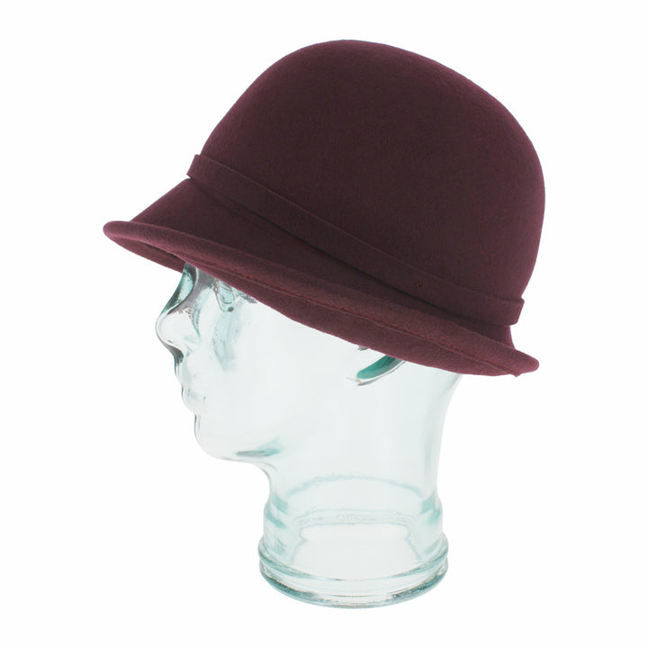 Angled view of the Belfry Harriet burgundy cloche hat crafted from soft wool with everyday styling, a timeless cold-weather piece for autumn and winter wardrobes