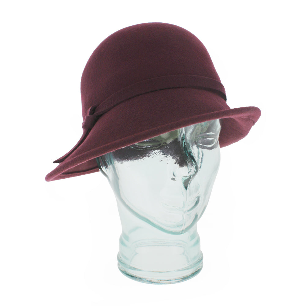 Belfry Harriet burgundy cloche hat in 100% wool with asymmetrical brim, a cozy cold-weather piece offering timeless women’s style for autumn and winter seasonal wear