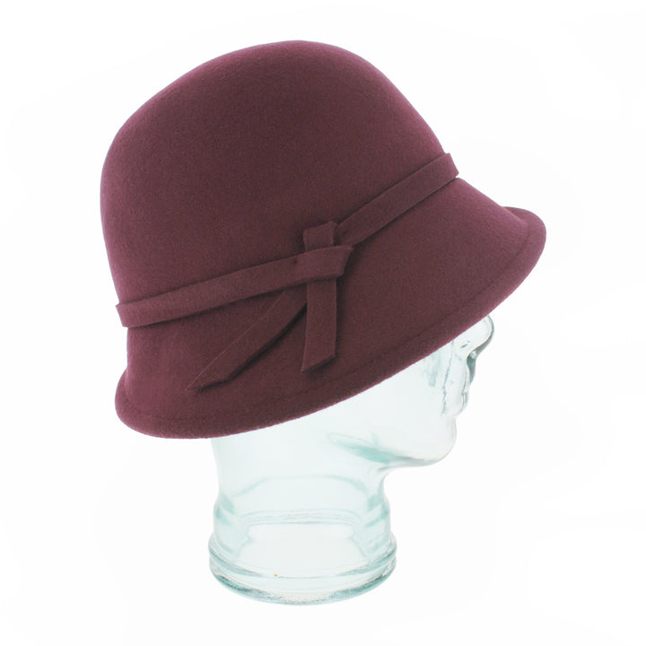 Close-up of the Belfry Harriet burgundy wool cloche hat featuring smooth crown and soft insulating fabric, a versatile autumn and winter wardrobe addition for women’s fashion