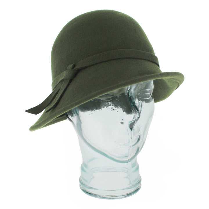 Belfry Harriet olive cloche hat in 100% wool with asymmetrical brim, a classic seasonal accessory combining comfort, warmth, and timeless autumn and winter women’s style