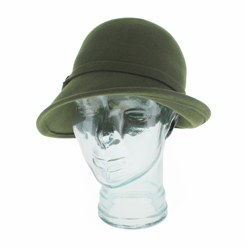 Top view of the Belfry Harriet olive cloche hat in wool, highlighting its timeless silhouette and everyday functionality, a refined autumn and winter fashion accessory