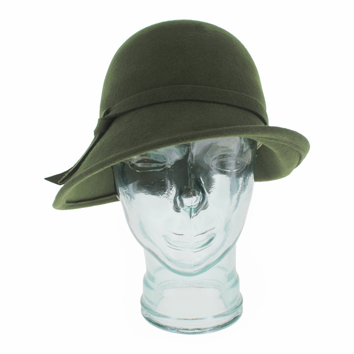 Belfry Harriet olive wool cloche hat with asymmetrical brim, designed for seasonal warmth and comfort, a simple yet chic autumn and winter women’s cold-weather accessory