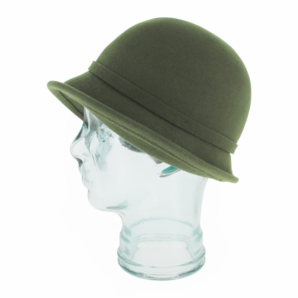 Angled view of the Belfry Harriet olive cloche hat with rounded crown and asymmetrical brim, a classic and comfortable cold-weather piece for fall and winter style