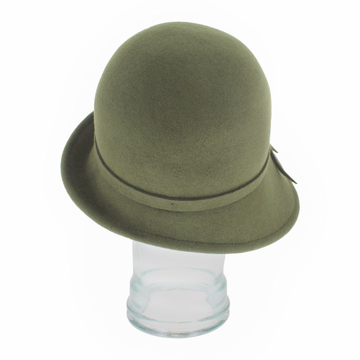Detailed shot of the Belfry Harriet olive wool cloche hat showcasing its insulating wool fabric and timeless design, a versatile autumn and winter wardrobe addition