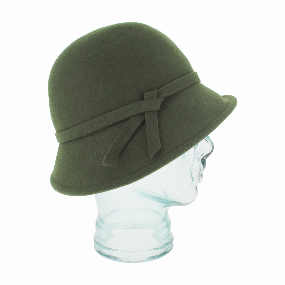 Close-up of the Belfry Harriet olive wool cloche hat highlighting its smooth wool body and simple design, crafted for women’s autumn and winter everyday seasonal wear