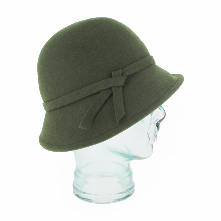 Close-up of the Belfry Harriet olive wool cloche hat highlighting its smooth wool body and simple design, crafted for women’s autumn and winter everyday seasonal wear