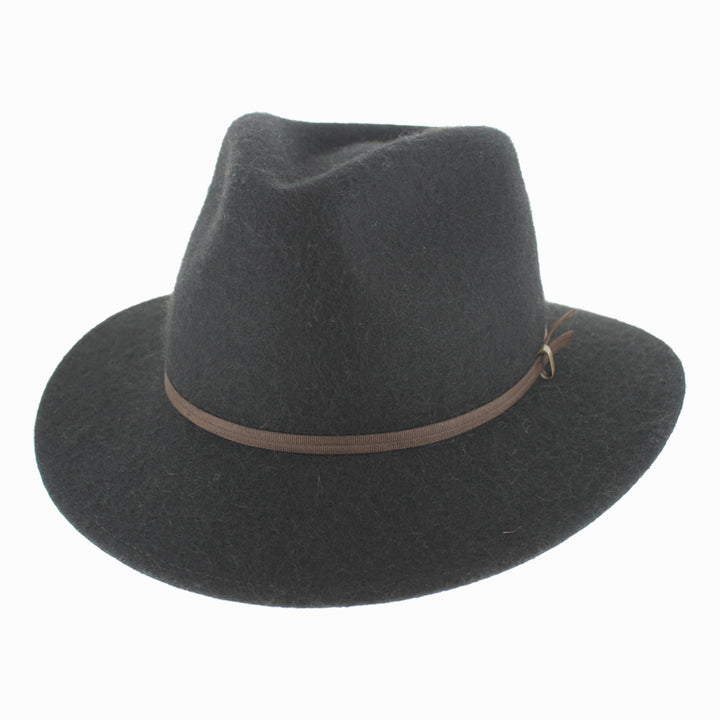 Side view of Black Sebastian alpaca wool safari hat showing wide brim and soft felt for fall winter adventures