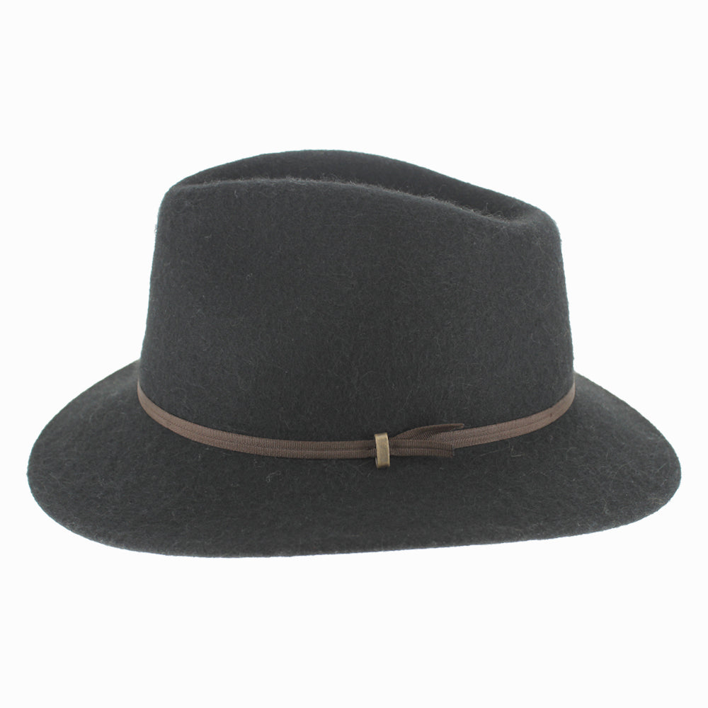 Close-up of Black Belfry Sebastian alpaca wool felt safari hat with double grosgrain band for winter wear