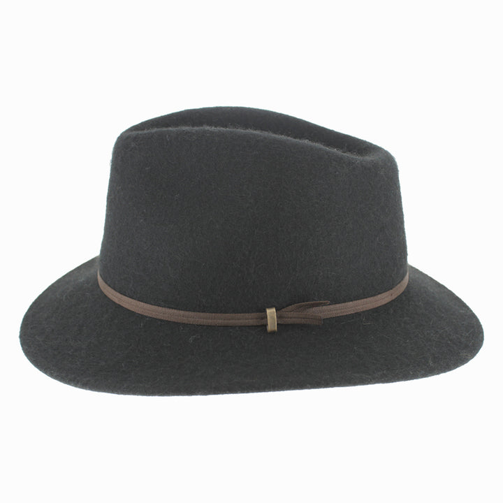 Close-up of Black Belfry Sebastian alpaca wool felt safari hat with double grosgrain band for winter wear