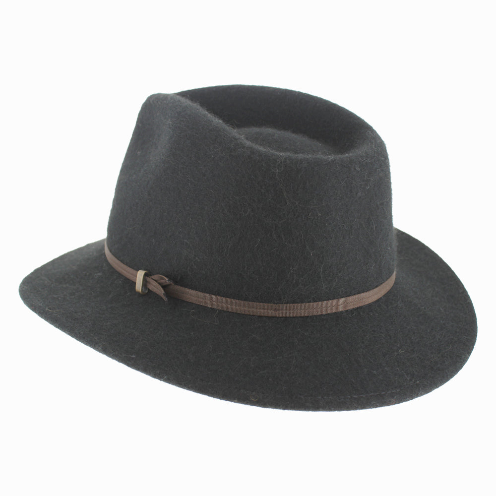 Black alpaca wool Sebastian safari hat, packable design with wide brim ideal for rugged fall winter trips