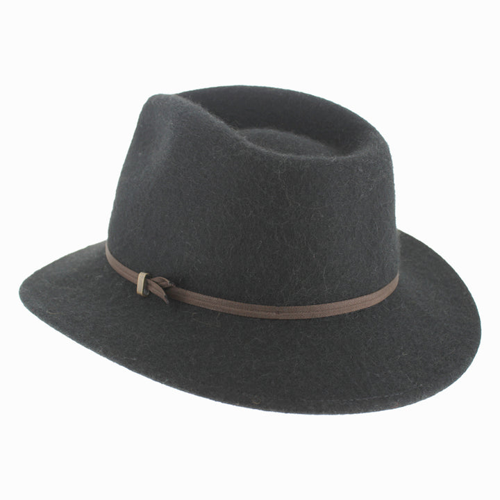 Black alpaca wool Sebastian safari hat, packable design with wide brim ideal for rugged fall winter trips