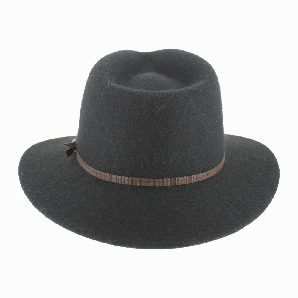 Detail shot of Black Belfry Sebastian alpaca wool safari hat showing felt texture and double grosgrain band