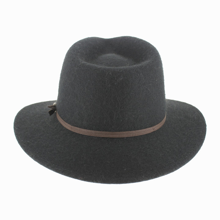 Detail shot of Black Belfry Sebastian alpaca wool safari hat showing felt texture and double grosgrain band
