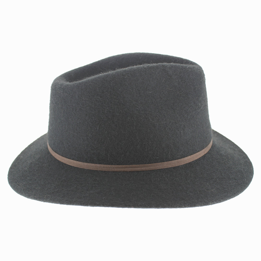 Back angle of Black Sebastian alpaca wool safari hat with structured wide brim for fall winter protection