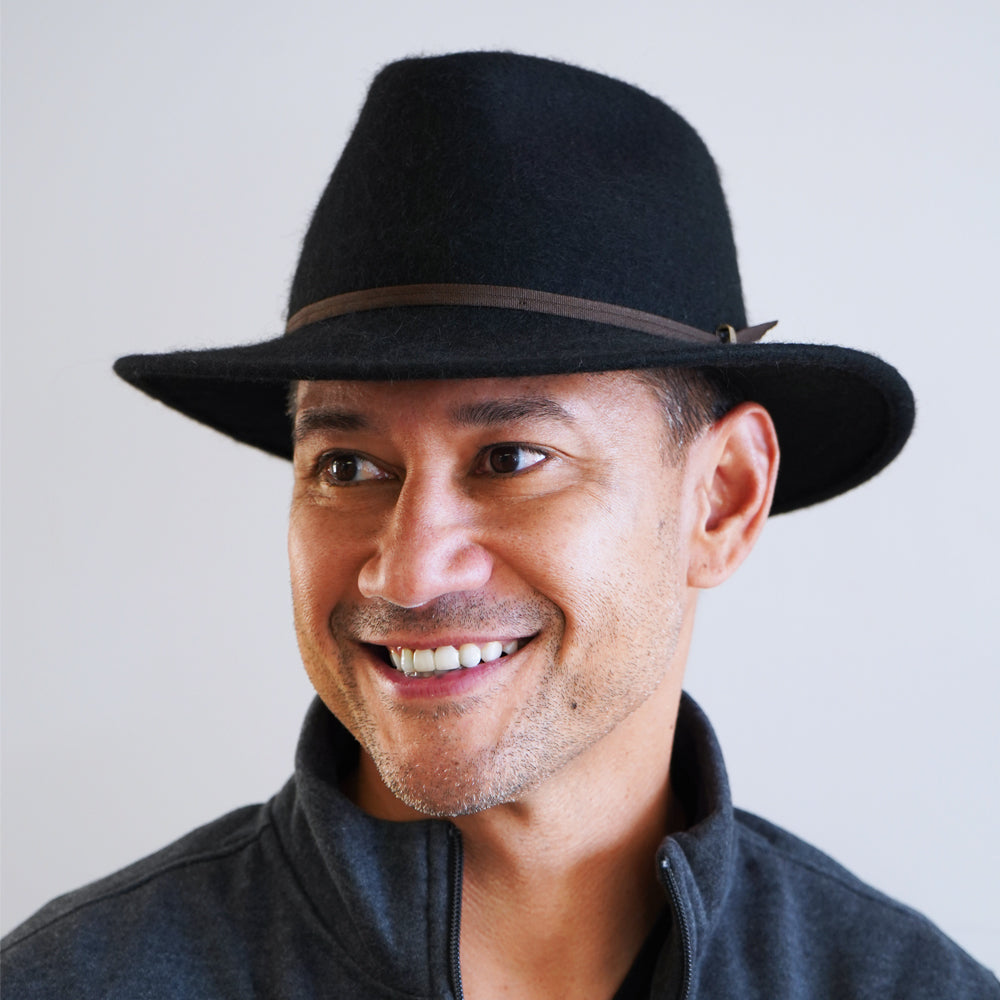 Black Belfry Sebastian alpaca wool safari hat with wide brim and double grosgrain band, water-repellent for fall winter travel