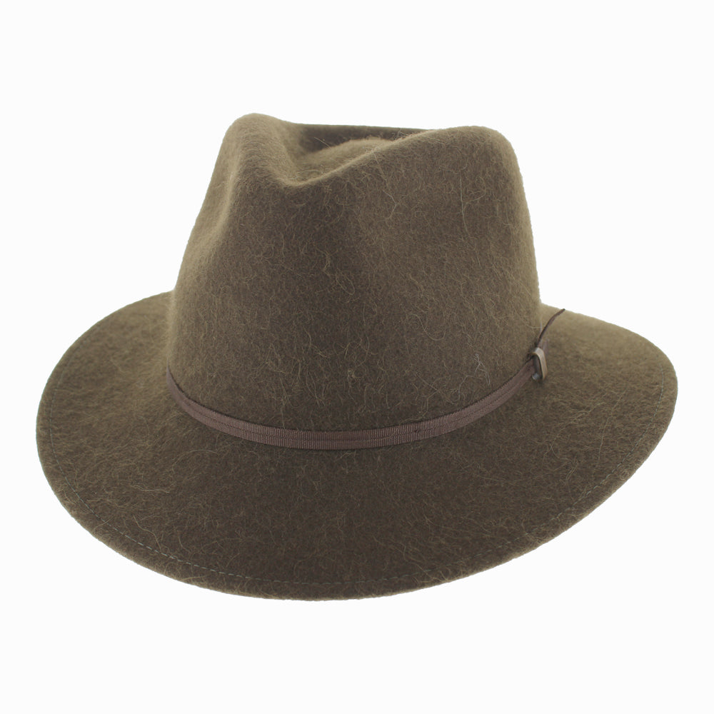 Side view of Olive Sebastian alpaca wool safari hat showing wide brim and sturdy felt for fall winter outings