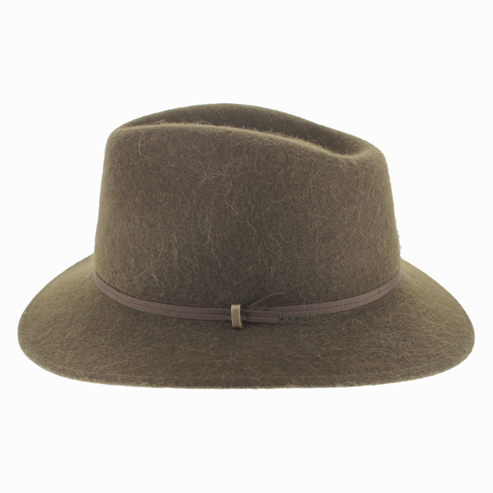 Close-up of Olive Belfry Sebastian alpaca wool felt safari hat with double grosgrain band for winter outfits