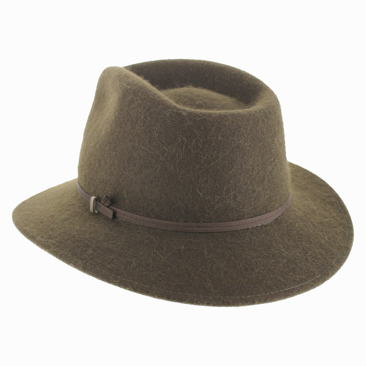 Olive alpaca wool Sebastian safari hat with packable wide brim, ideal for rugged fall winter trips