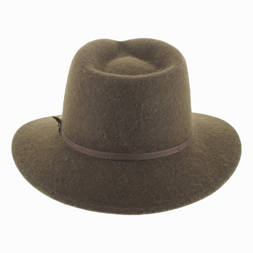 Detail shot of Olive Belfry Sebastian alpaca wool safari hat showing soft felt and double grosgrain band