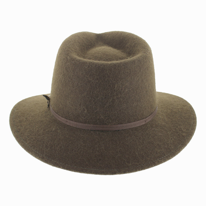 Detail shot of Olive Belfry Sebastian alpaca wool safari hat showing soft felt and double grosgrain band