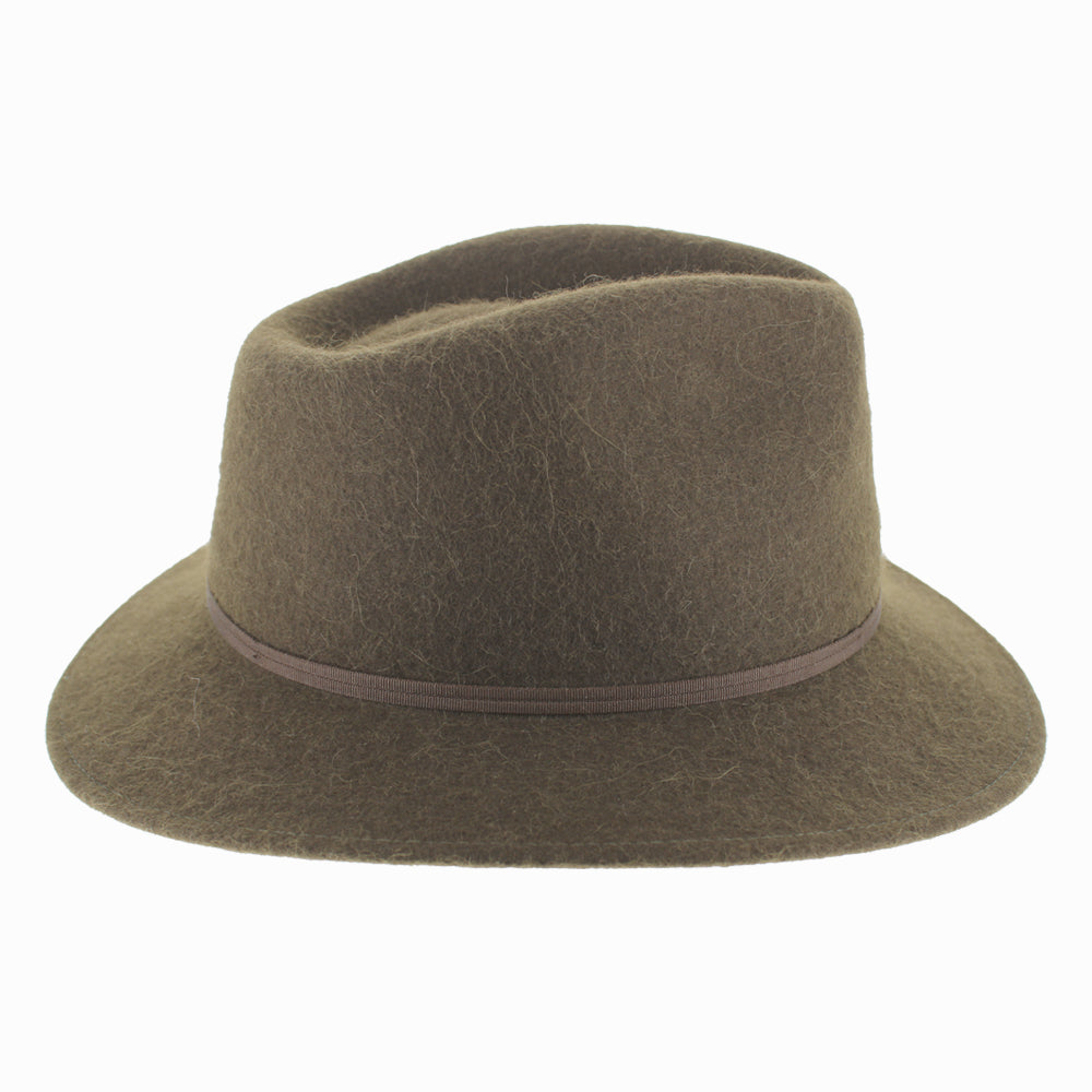Back angle of Olive Sebastian safari hat with strong wide brim and warm alpaca wool for winter protection