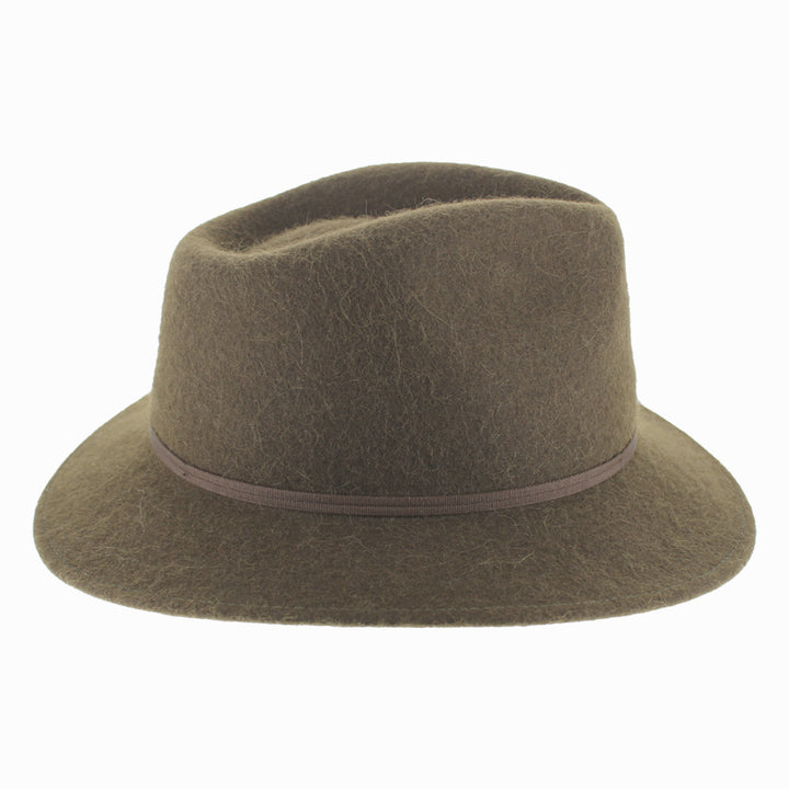 Back angle of Olive Sebastian safari hat with strong wide brim and warm alpaca wool for winter protection