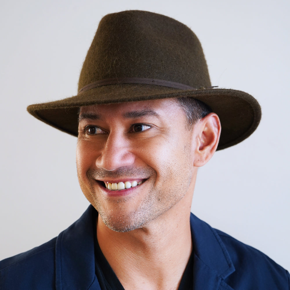 Olive Belfry Sebastian alpaca wool safari hat with wide brim and double grosgrain band, water-repellent for fall winter travel