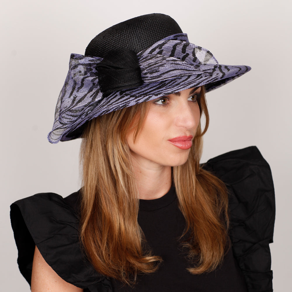 Belfry Honora dress hat in Nero Pervinca with bold zebra print and sculpted bow, elegant fall and winter fashion piece