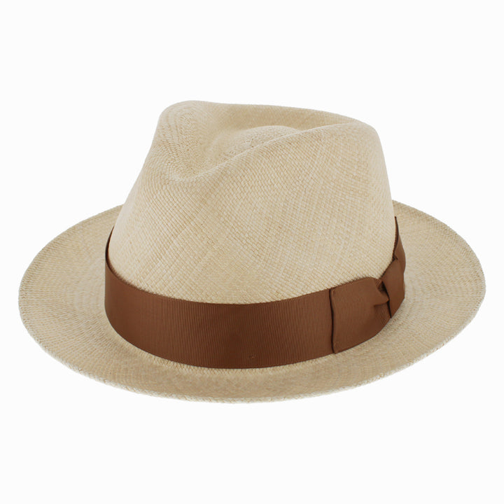 Natural Panama straw fedora with teardrop crown and lightweight breathable summer design
