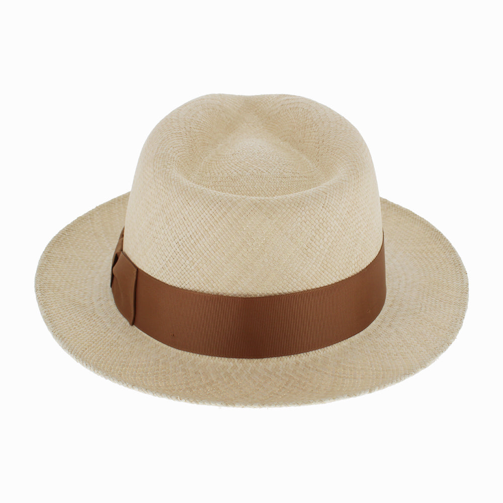 Lightweight natural Panama straw fedora with teardrop crown for casual and dressy wear