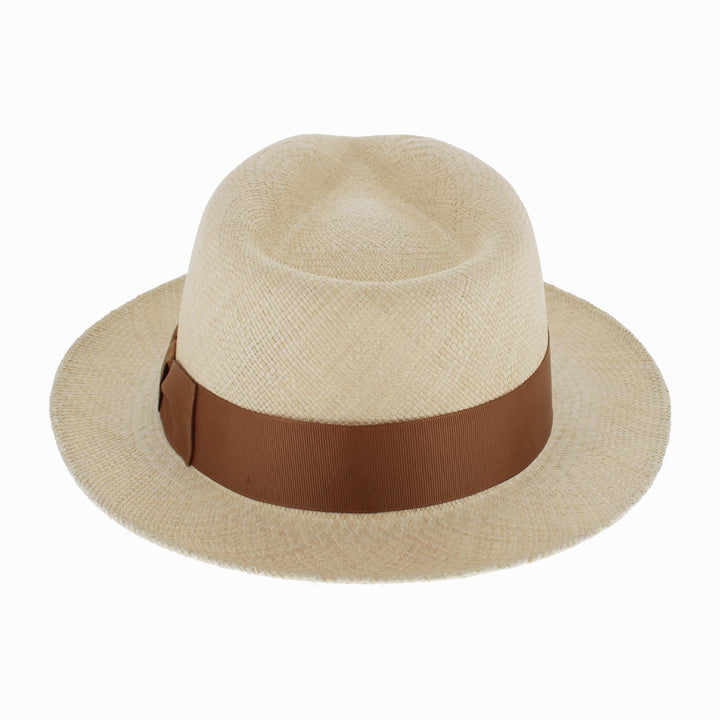 Lightweight natural Panama straw fedora with teardrop crown for casual and dressy wear