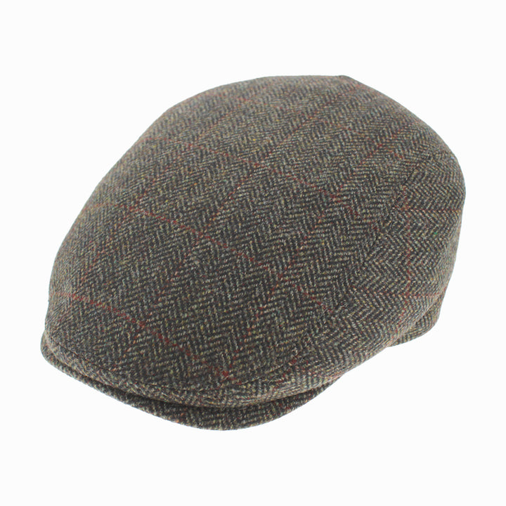 Belfry Libero green wool-cashmere flat cap with herringbone weave and curved peak