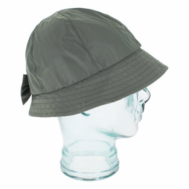 An olive green wide-brim sun hat with a side bow detail