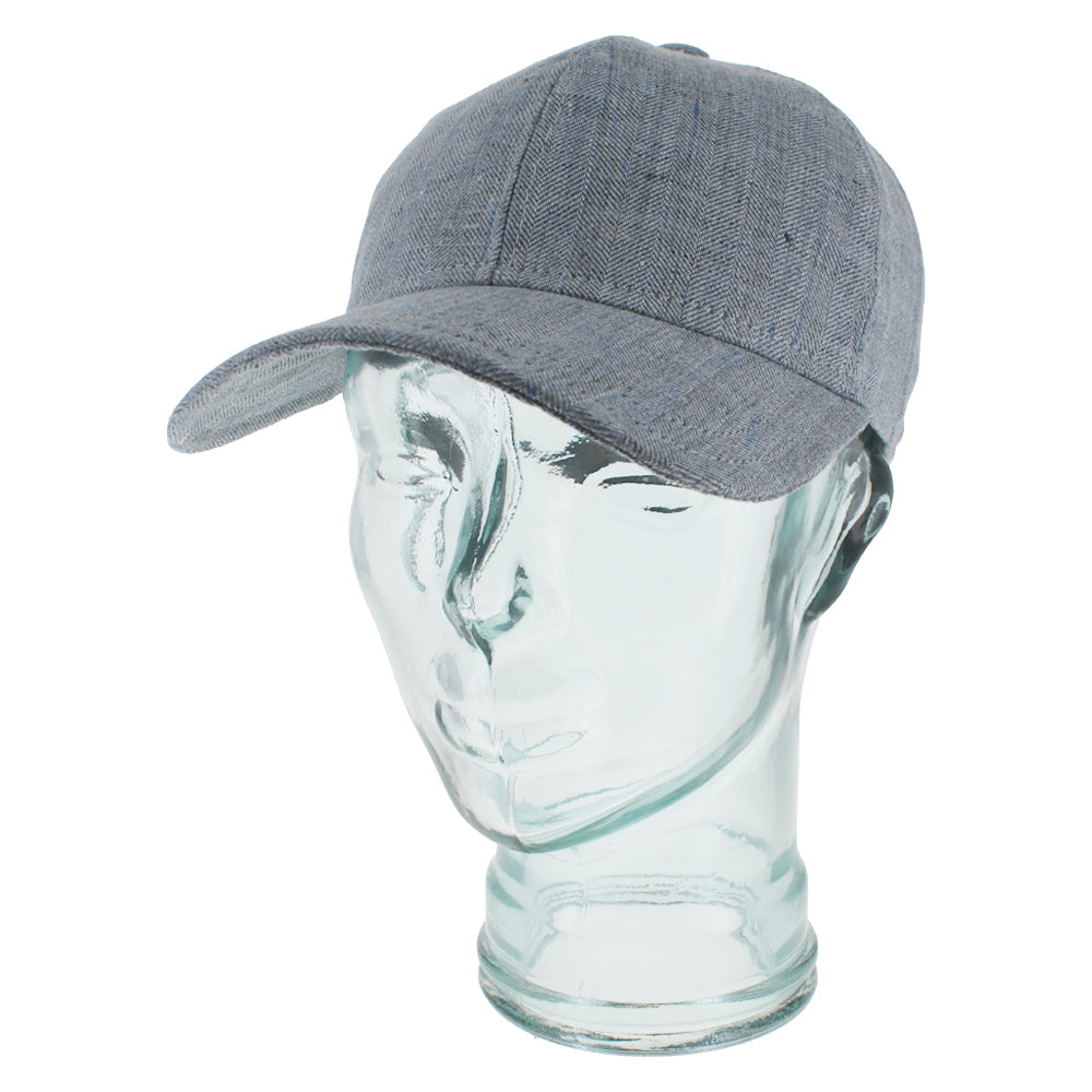 Blue linen baseball cap with herringbone pattern and lightweight breathable summer design