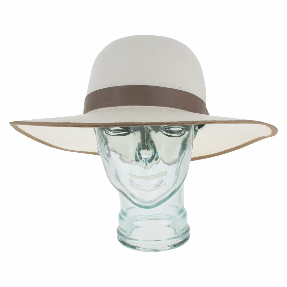 Beige wide brim Panama straw sunhat designed for beach and outdoor wear